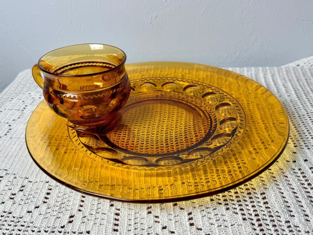 1970s Set of 4 Vintage Indiana Glass King's Crown Amber Snack Set |  Thumbprint